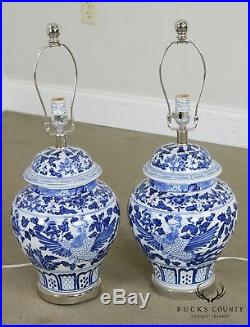 Pair Porcelain Blue & White Ginger Jar Chinoiserie Table Lamps