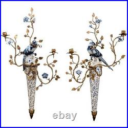 Pair Porcelain Bronze Blue & White Filigree Hanging Parrot Wall Sconces
