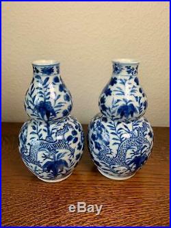 Pair Qing Chinese Blue & White Kangxi Style Dragon Porcelain Double Gourd Vases