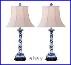 Pair Table Lamps Porcelain Blue White Rose Canton Buffet Lamps 25 H 13 W