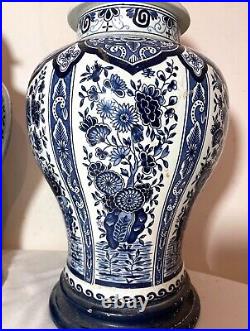 Pair antique vintage painted blue white porcelain Delft ginger jar lamps Holland