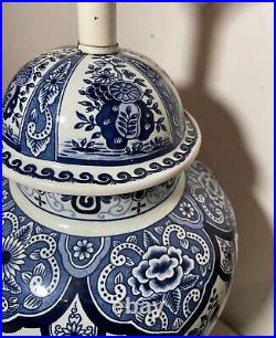 Pair antique vintage painted blue white porcelain Delft ginger jar lamps Holland