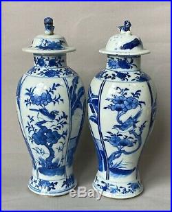 Pair of Chinese 19th C Kangxi Mark Blue& White Porcelain Vases with lids