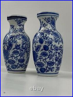 Pair of Chinese Chinoiserie Blue & White Porcelain Vases 6 Vintage Preowned