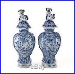 Pair of Delft Dutch 18th Century Urns, Dog finials Hand painted Blue white