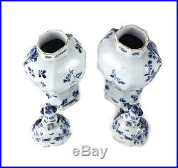 Pair of Delft Dutch 18th Century Urns, Dog finials Hand painted Blue white