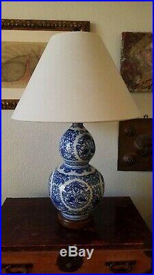 Pair of Ralph Lauren Blue & White Gourd Shaped Porcelain Lamps Chinoiserie