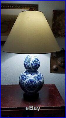 Pair of Ralph Lauren Blue & White Gourd Shaped Porcelain Lamps Chinoiserie