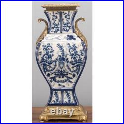 Porcelain Azure Casey Blue & White Vase With Bronze Ormolu-18''h