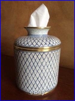 Porcelain Blue White Diamond Pattern Tissue Holder Jar Cover Kleenex Keeper Box
