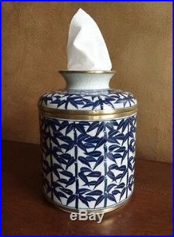 Porcelain Blue & White Leaf Tissue Holder Jar Cover Kleenex Box Keeper Bamboo
