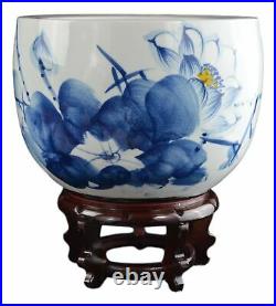 Porcelain Blue and White Fishbowl, Hand-painted Lotus Fish Bowl with Free Stand