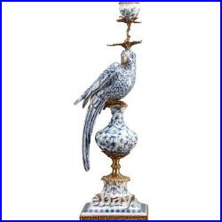 Porcelain In Bronze Ormolu Blue And White Fleur Figural Bird Candlestick Left