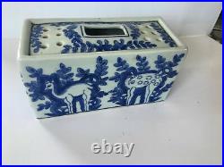Porcelain Vase Flower Frog Brick in the Delft Chinese Blue & White Manner Deer