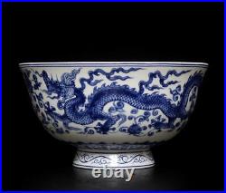 Qianlong Old Signed Antique Chinese Blue & White Porcelain Bowl with dragon