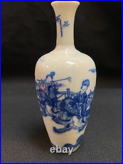 Qing, Blue and white figural and story porcelain Guanyin bottle vase