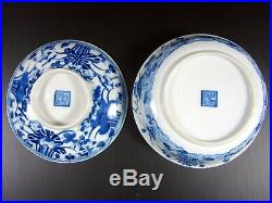 Qing Chinese Blue & White Porcelain Covered Bowl 2 signed Decor Birds & Flowers