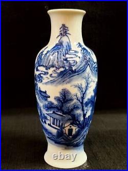 Qing, mid-period blue and white Landscape Olive-shape porcelain vase