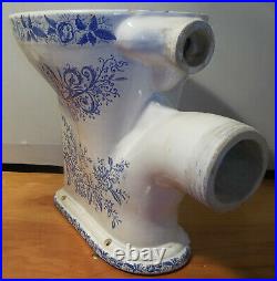 RARE Antique Victorian Floral Blue Transfer Omega Wash Down Porcelain Toilet