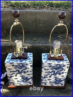 Ralph Lauren Pair Blue & White Dragons Asian Style Porcelain Table Lamps 17 H