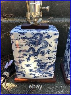 Ralph Lauren Pair Blue & White Dragons Asian Style Porcelain Table Lamps 17 H