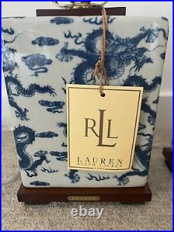 Ralph Lauren Porcelain Table Lamp Pair Chinese Dragon Brand New White And Blue