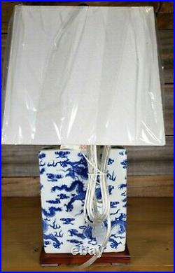 Ralph Lauren Porcelain Table Lamp With Shade Blue White Dragons Asian Style