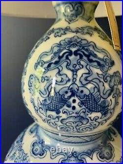 Ralph Lauren Zen Koi Fish Porcelain Ceramic Round Blue White Table Desk Lamp