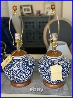 Ralph Lauren pair of blue & white porcelain lamp Mandarin Again Theme Wood Base