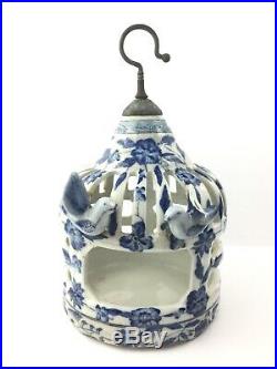 Rare Chinese Antique Blue / White Porcelain Pottery Decorative Bird Cage Signed