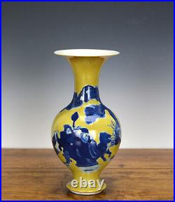 Rare Chinese Qing Qianlong MK Blue and White Figure Yellow Ground Porcelain Vase