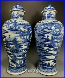 Rare Pair China Chinese Porcelain Blue & White Landscape Decor Vases ca. 19th c