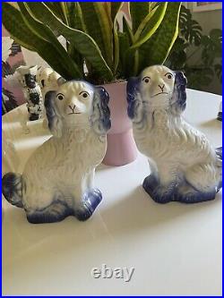 Rare Pair of Antique Large Staffordshire Blue King Charles Spaniel Mantle Dogs
