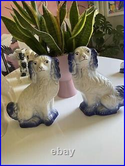 Rare Pair of Antique Large Staffordshire Blue King Charles Spaniel Mantle Dogs