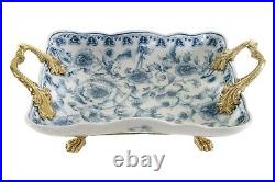 Rectangular Crackle Blue and White Floral Porcelain Tray Brass Ormolu