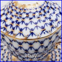 Russian Imperial Lomonosov Porcelain Cobalt Net Teacup Saucer Lid Set