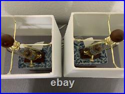 SET Ralph Lauren Lotus Flower Porcelain Blue White Table Lamps with Shades New