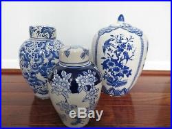 Set 3 CHINOISERIE Porcelain Lidded GINGER JARS Vases BLUE WHITE Birds Florals