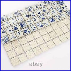 Square Tile Bathroom Wall Mosaic Blue And White Tiles Floral Mosaic Tiles 11PCS