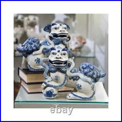 Staffordshire Reproduction Blue And White Lucky Foo Dogs Set of 2