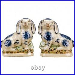 Staffordshire Style Pair of Blue & White Rabbits /Bunnies 8 inch Set of 2