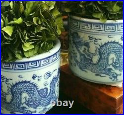 Stunning Pair Blue White Porcelain Chinoiserie Brush Pot Cachepot Planters 4