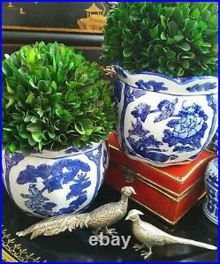 Stunning Pair Blue White Scalloped Porcelain Chinoiserie Cachepot Planter Pots