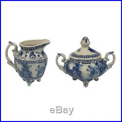 Tea Set with Tray Blue and White Porcelain Transferware Madison Bay Co. Footed