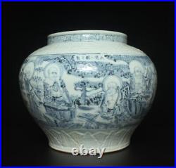 Tianshun Signed Chinese Blue & White Porcelain Pot withBuddha