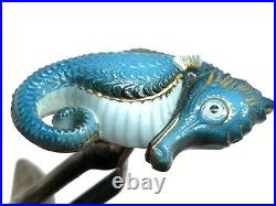Toshikane Japan Rare Sterling Silver Blue White Porcelain Seahorse Cufflinks