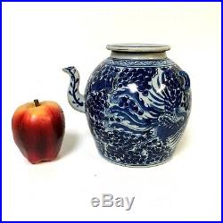 Unusual Antique Chinese Porcelain Blue & White Teapot With Phoenix Bird Decorati