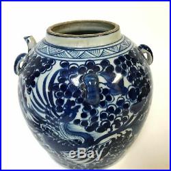 Unusual Antique Chinese Porcelain Blue & White Teapot With Phoenix Bird Decorati
