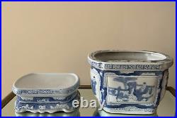 VINTAGE CHINESE BLUE AND WHITE PORCELAIN Flower Pot With Porcelain Stand-2 Part