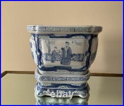 VINTAGE CHINESE BLUE AND WHITE PORCELAIN Flower Pot With Porcelain Stand-2 Part